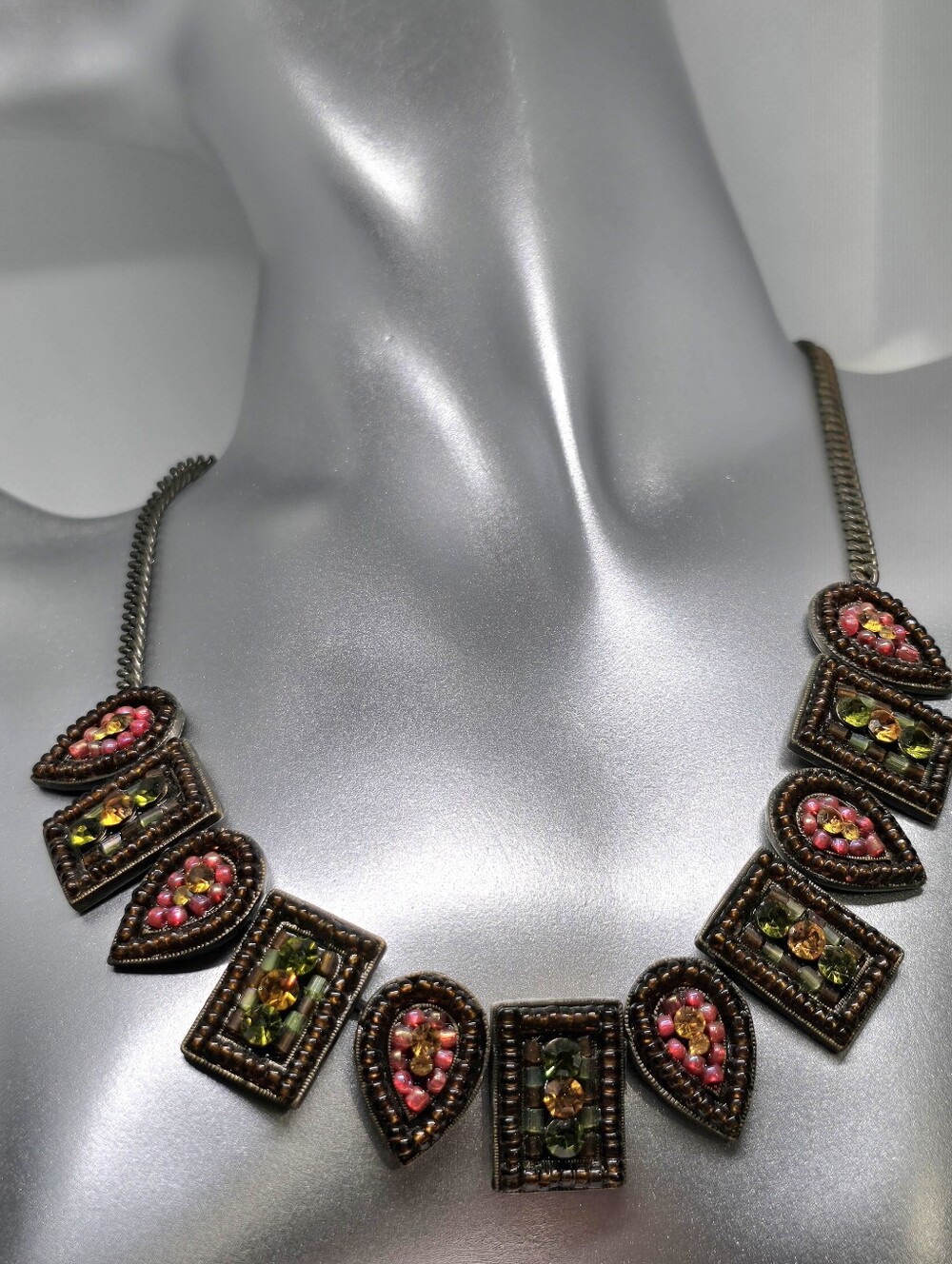 Boho Statement Necklace Pink Green Rhinestone Beaded Mosaic Y2K Necklace 16"